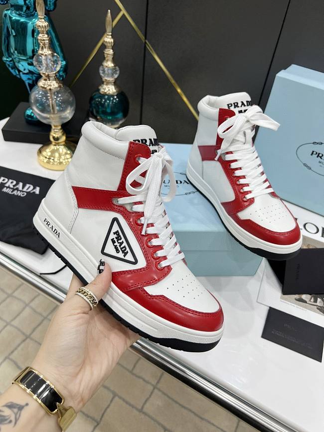 Prada Downtown Perforated Leather High Top Red White  - 1