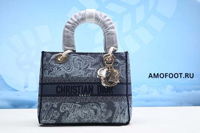 MINI LADY D-LITE BAG Blue Toile de Jouy Reverse Embroidery 17x15x7cm - 1