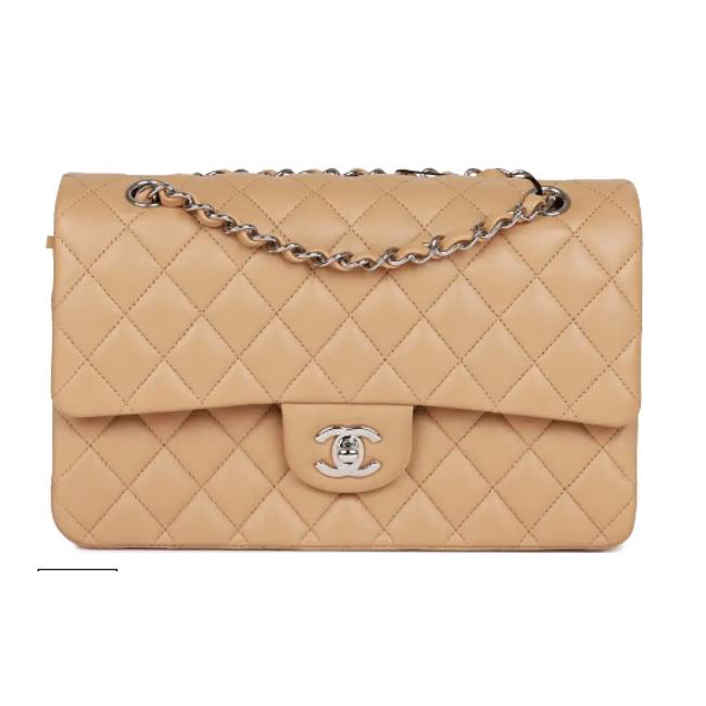 Medium Classic Double Flap Bag Beige Lambskin Silver Hardware 25cm - 1