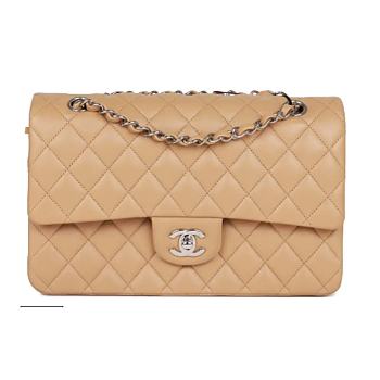 Medium Classic Double Flap Bag Beige Lambskin Silver Hardware 25cm