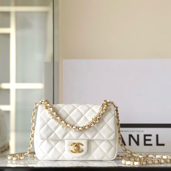 Chanel Mini Square Pearl Flap Bag White Lambskin 11.5x17x5cm
