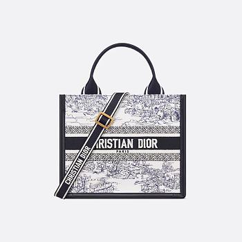 Dior S Tote - White and Blue Toile de Jouy Scotland Embroidery with Blue Calfskin 26.5 x 22 x 14 cm