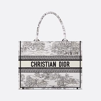 Dior M Tote - White Embroidery with Black Toile de Jouy Scotland Motif 36 x 27.5 x 16.5 cm