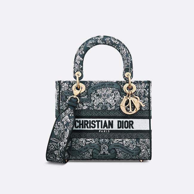 Medium Lady D-Lite Bag Latte Embroidery with Blue Dior Around the World Motif 24 x 21 x 12 cm - 1