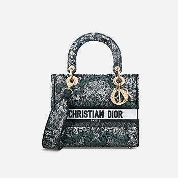 Medium Lady D-Lite Bag Latte Embroidery with Blue Dior Around the World Motif 24 x 21 x 12 cm