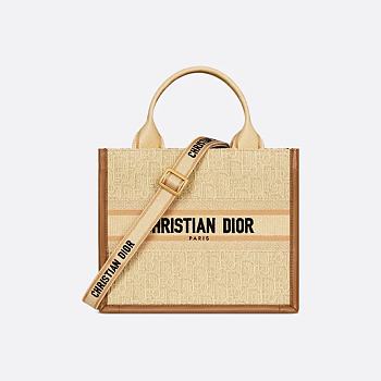 Small Dior Book Tote Beige Dior Oblique Embroidered Raffia and Camel Calfskin 26.5 x 22 x 14 cm