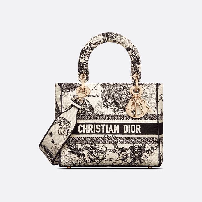 Medium Lady D-Lite Bag Latte and Black Toile de Jouy Zodiac Embroidery 24 x 21 x 12 cm - 1