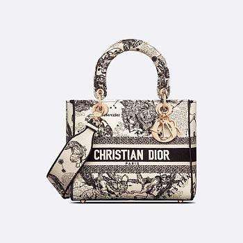 Medium Lady D-Lite Bag Latte and Black Toile de Jouy Zodiac Embroidery 24 x 21 x 12 cm