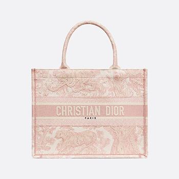 Medium Dior Book Tote Ecru and Pink Toile de Jouy Embroidery 36 x 27.5 x 16.5 cm