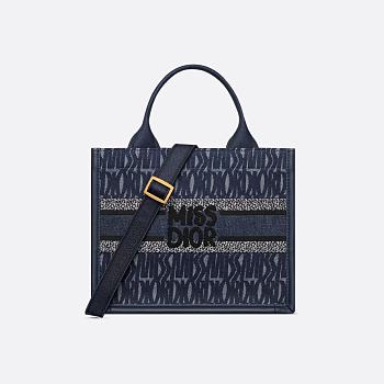 Small Dior Book Tote Blue Miss Dior Allover Embroidered Denim and Calfskin 26.5 x 22 x 14 cm