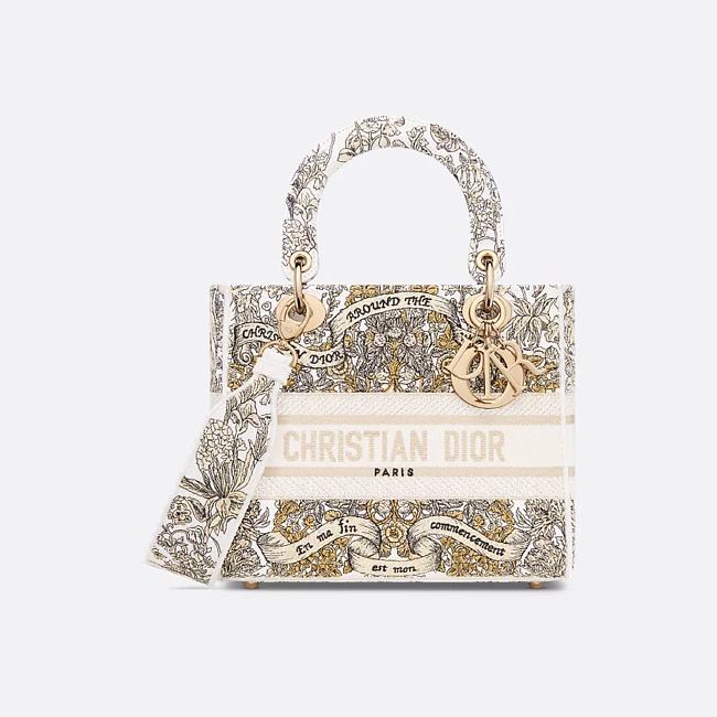 Medium Lady D-Lite Bag Latte Embroidery with Gold-Tone Dior Around the World Motif 24 x 21 x 12 cm - 1