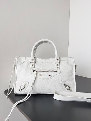 Balenciaga Le City Small Bag In White  Arena Lambskin Shiny Silver Hardware Black 29.9*19.1*9.9cm