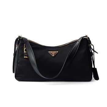 Prada large leather-trim shoulder bag - black color 34x19.5x10cm
