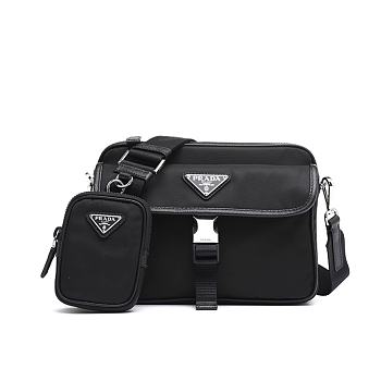 Prada Black Re-nylon And Saffiano Leather Shoulder Bag 22x16x5cm