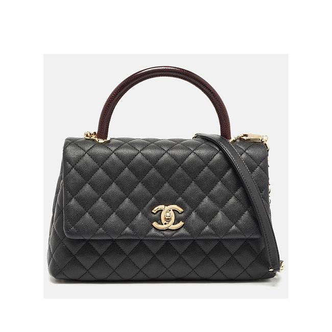 Chanel Black Quilted Caviar Leather and Lizard Embossed Small Coco Top Handle Bag 28.5x11x18cm - 1