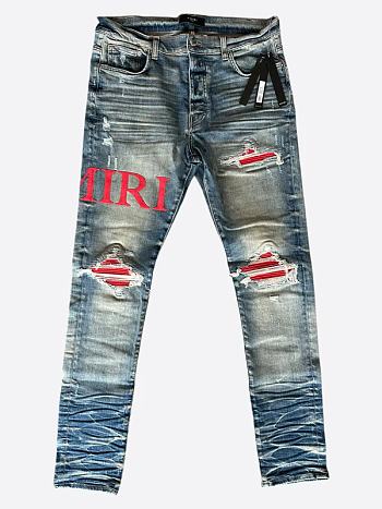 Amiri Vintage Indigo Red Serif Logo Distressed Jeans