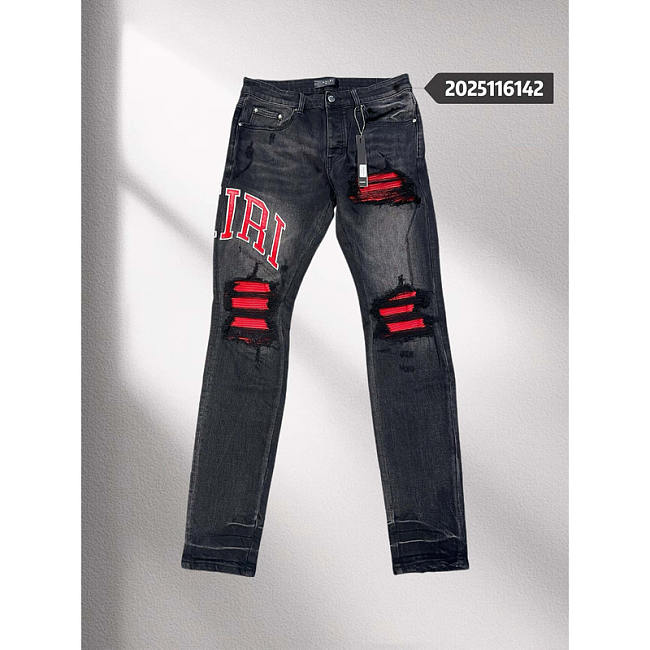Amiri Staggered Logo Distressed Skinny Jean In Black Red - 1