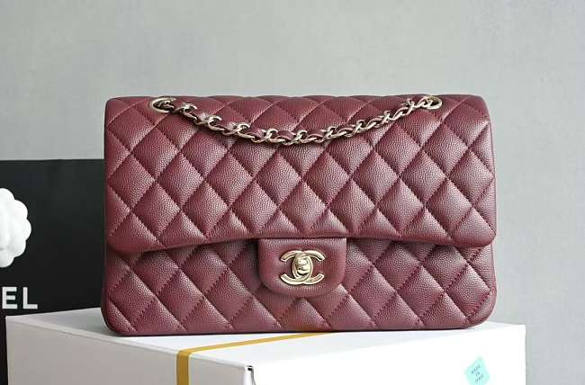 Chanel Flap Caviar Burgundy Bag Gold Hardware Size 15.5 x 25.5 x 6.5 cm - 1