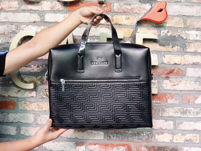 Versace Greca Embossed Leather Briefcase - 1