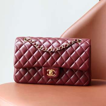Chanel Medium Classic Double Flap Bag Wine Red Lambskin Gold Hardware 25cm