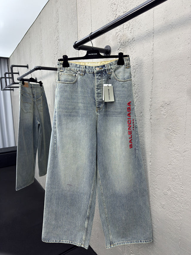 Balenciaga Red Embroidered Denim Pants - 1
