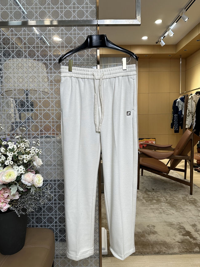 FENDI Embroidered F-Shaped Drawstring Straight-Leg Casual Pants off-white apricot - 1