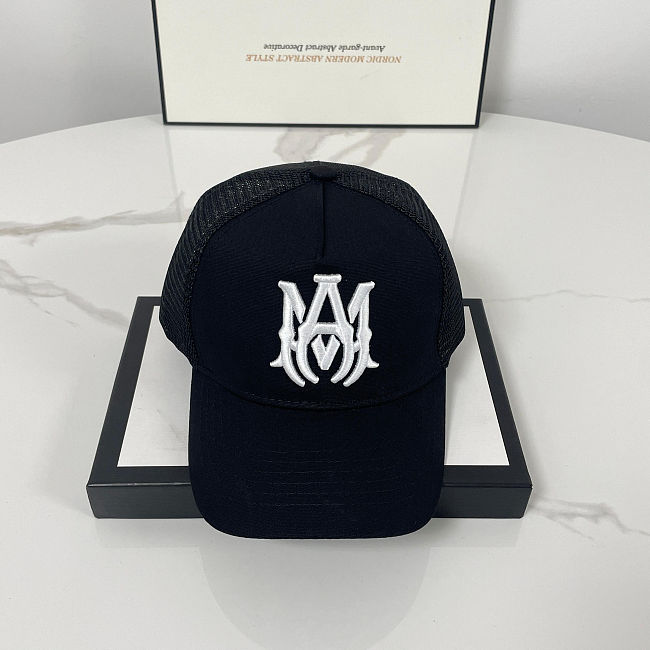 AMIRI MA Logo Trucker Hat Black White - 1